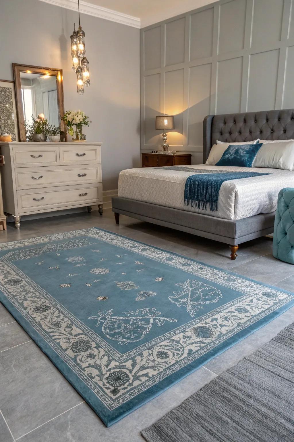An azure floor covering on pewter floors enhances warmth and sophistication in your bedroom.