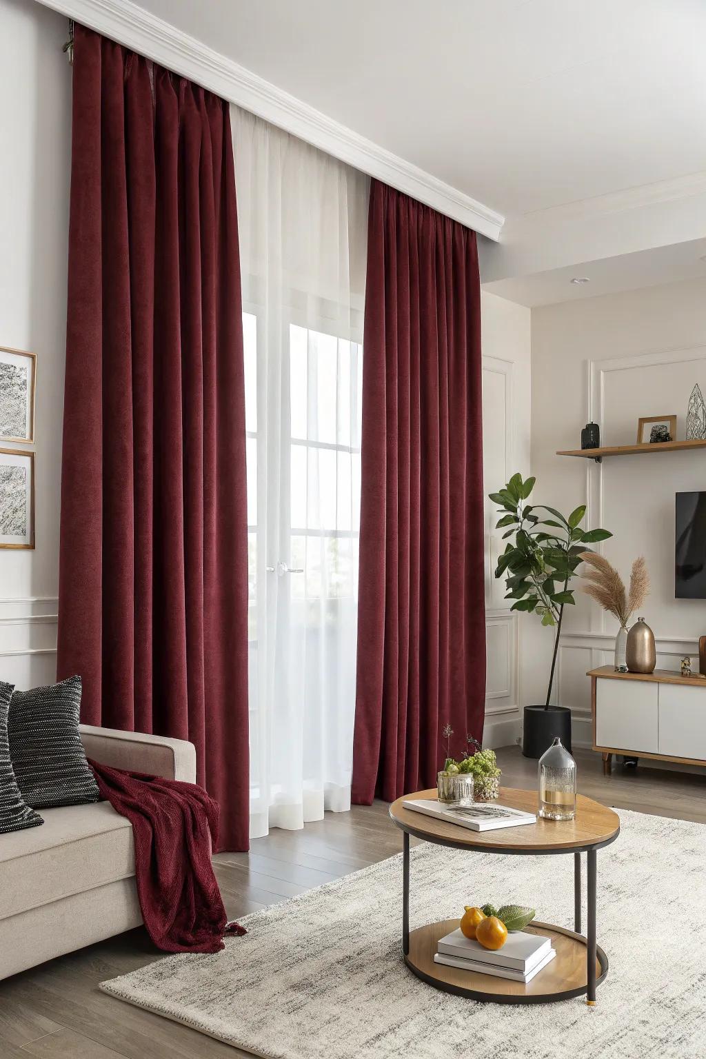 A living room featuring wine-red drapes and minimalist d&eacute;cor.