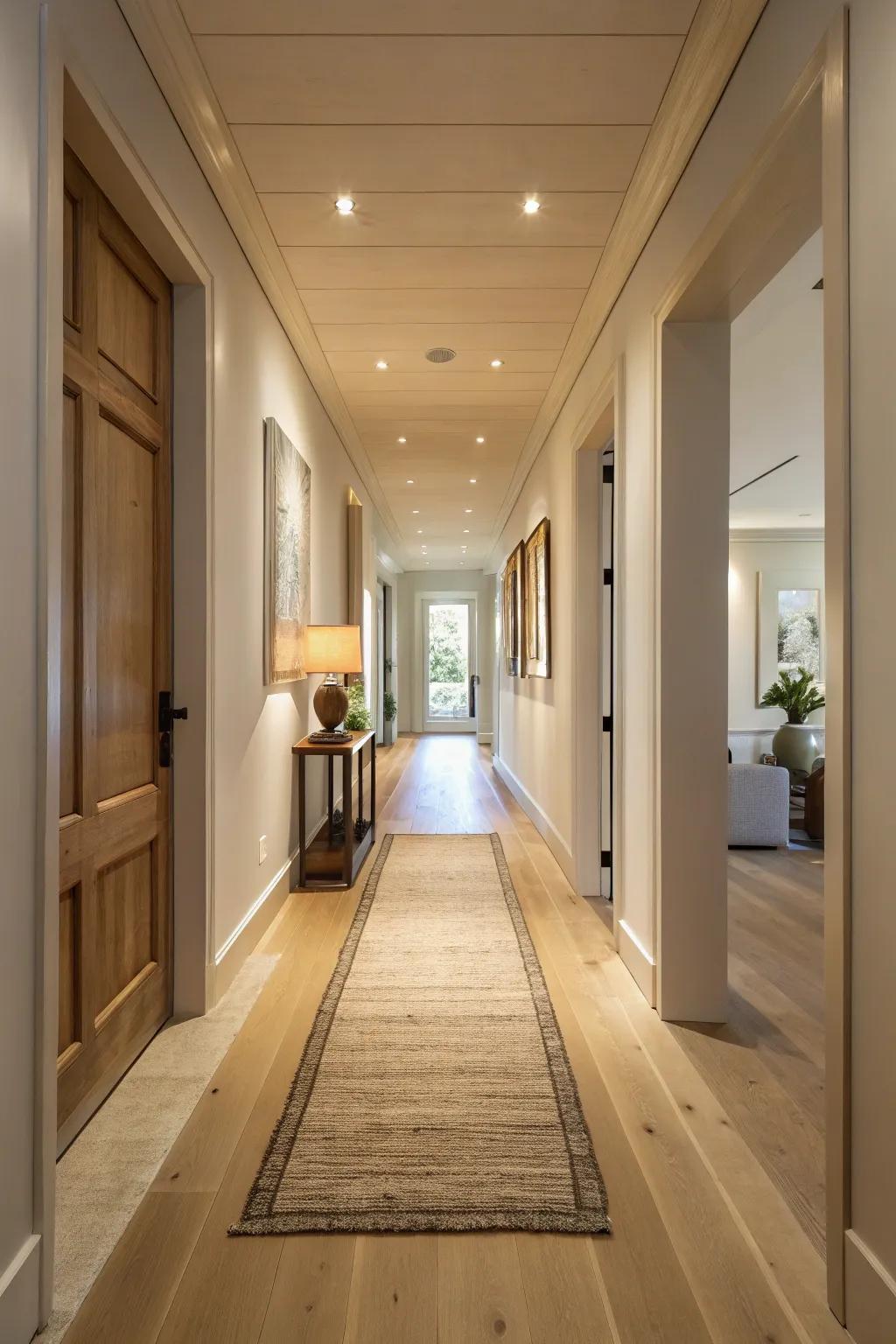 Coordinating flooring introduces cohesion to the hallway's design.