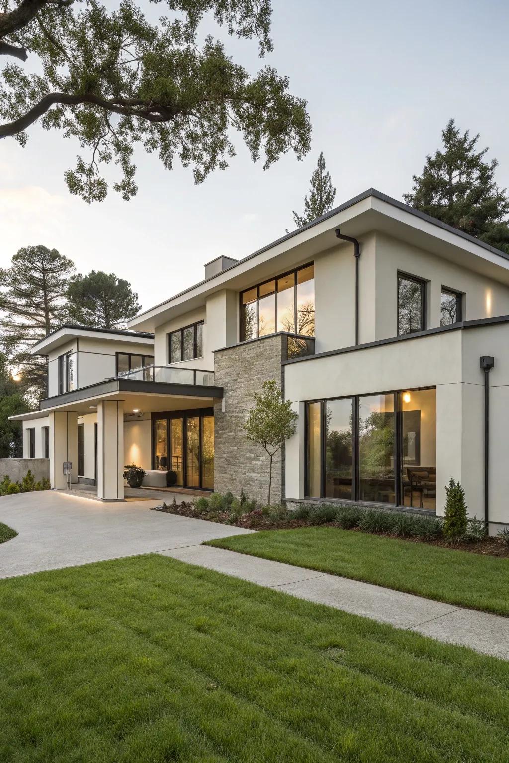 A modern home exterior enhanced by a soft, neutral color palette.