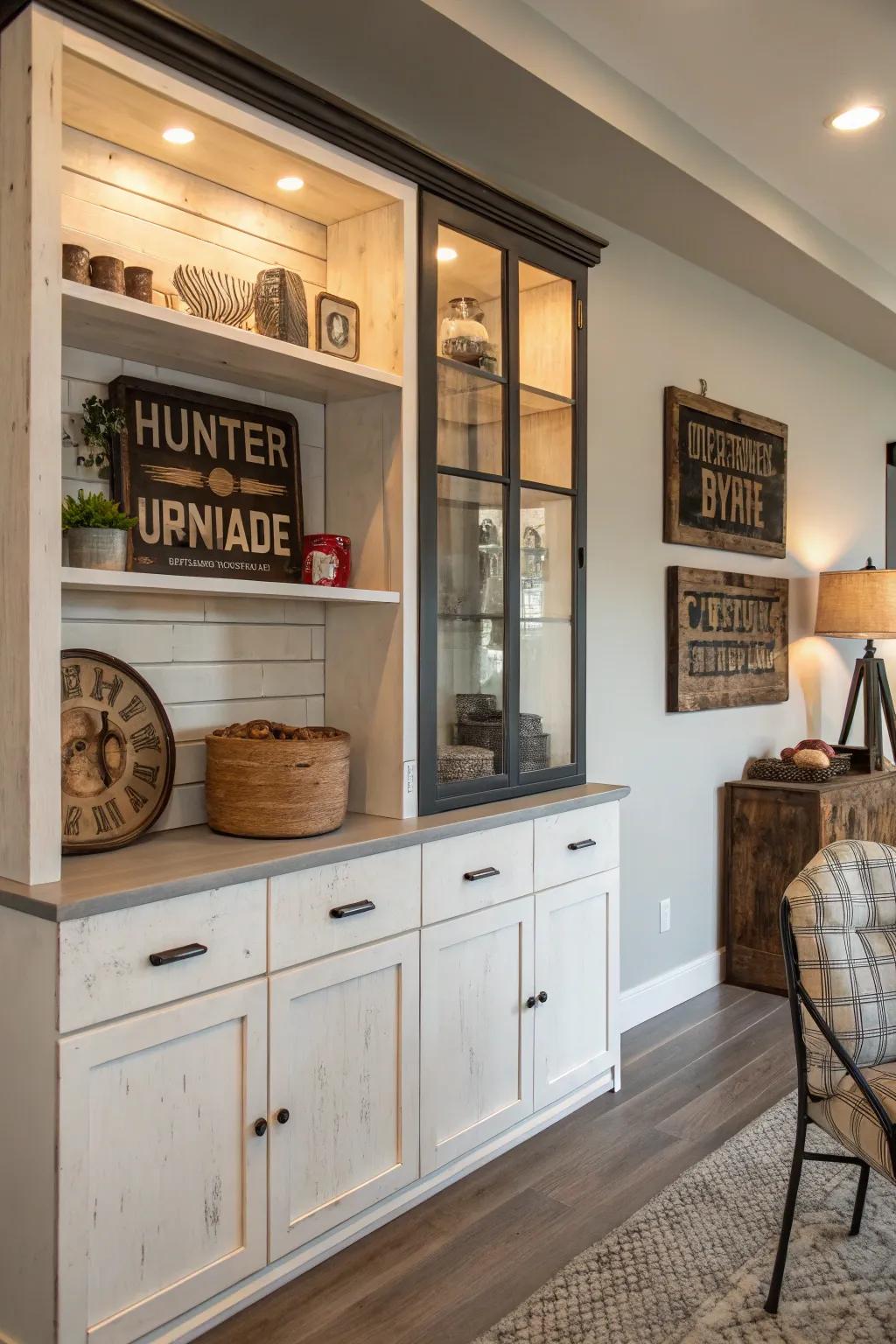 Vintage elements add warmth and personality to the modern cabinet.