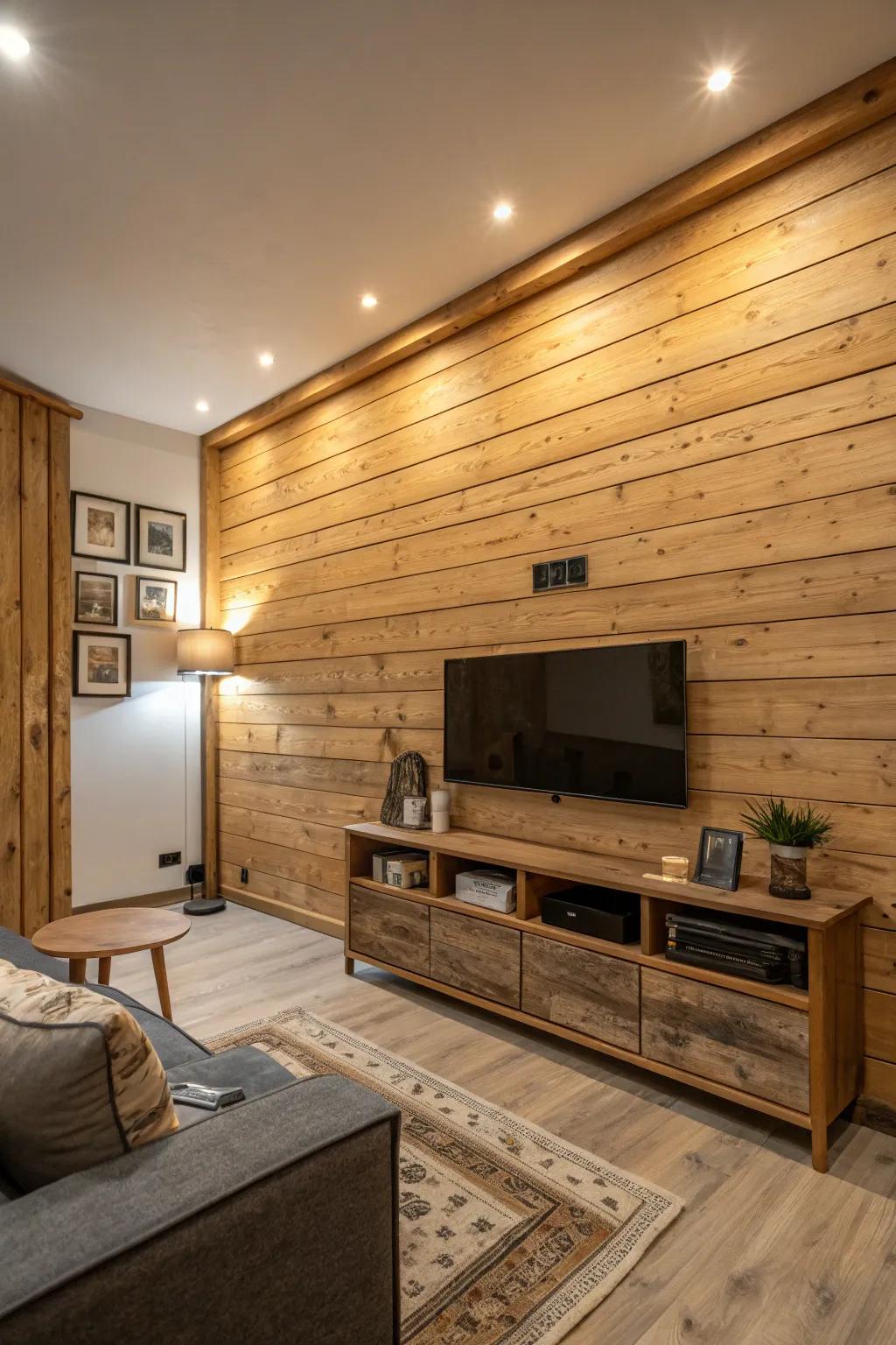 Nature wood panelling injects warmth and a countryside highlight to the modern living space.