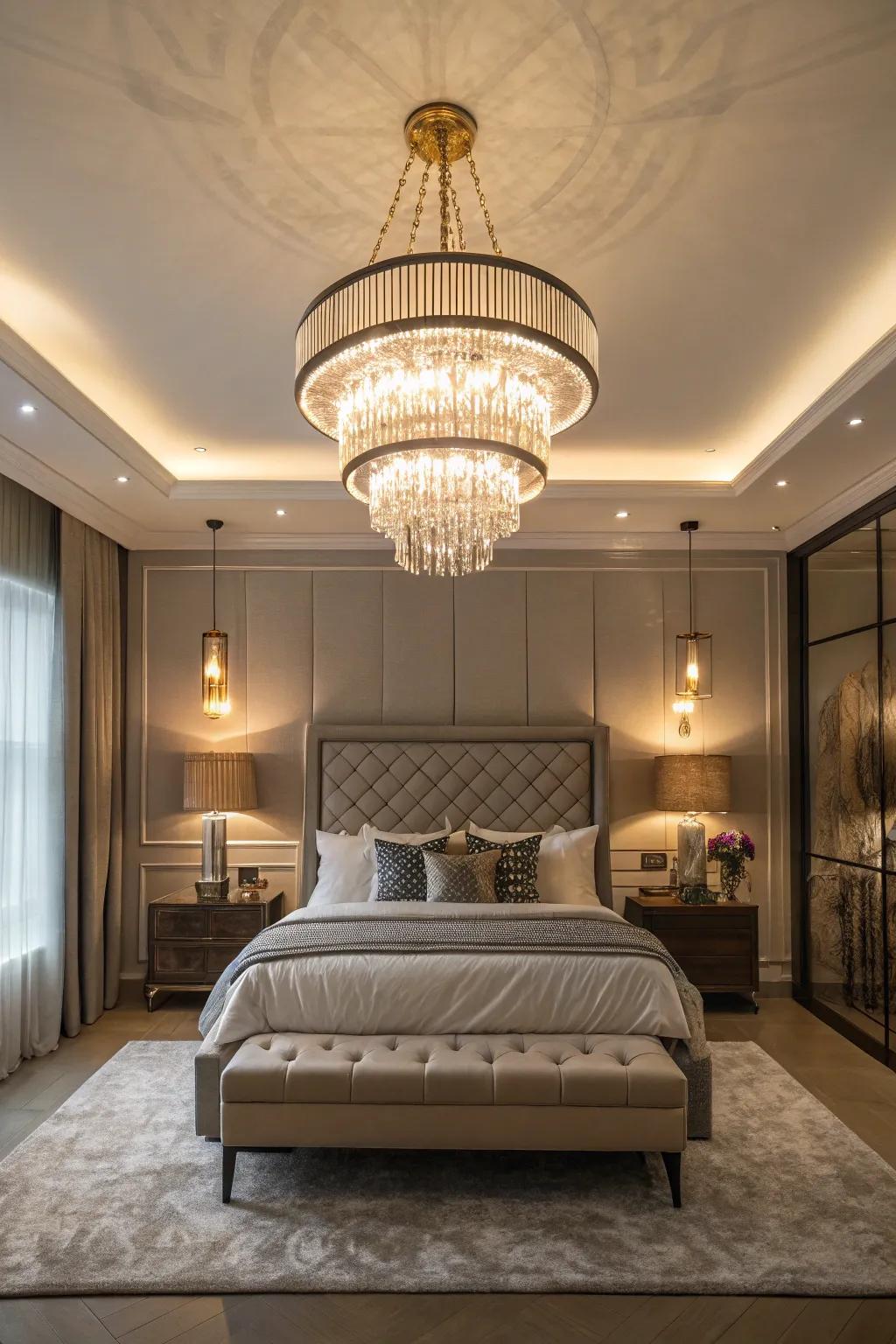 A stylish chandelier adds elegance to this contemporary primary suite.
