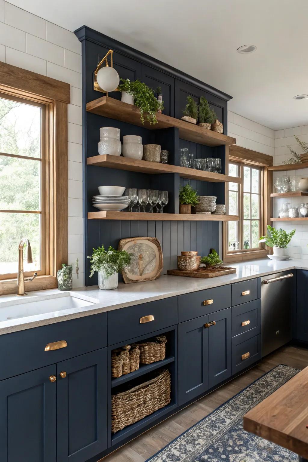 Exposed shelving introduces character and an airy vibe to deep sea cooking areas.