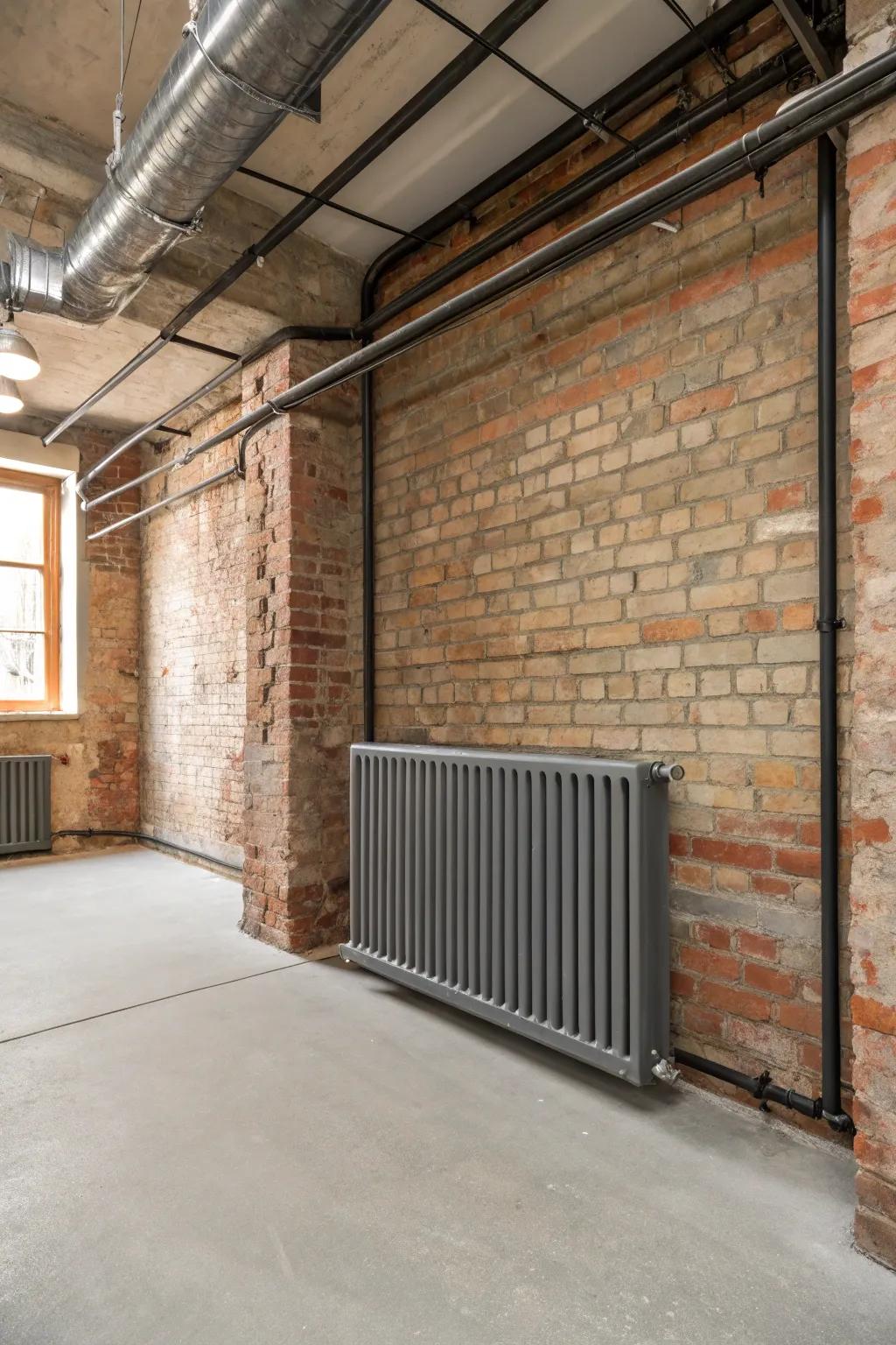 A factory-inspired room that has a metal radiator shield.