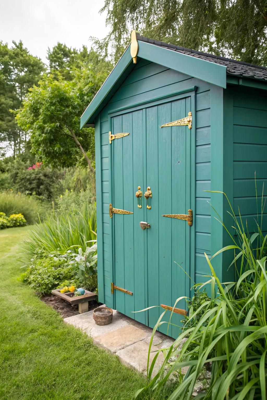 A teal shed contributing a luxurious touch to the garden.