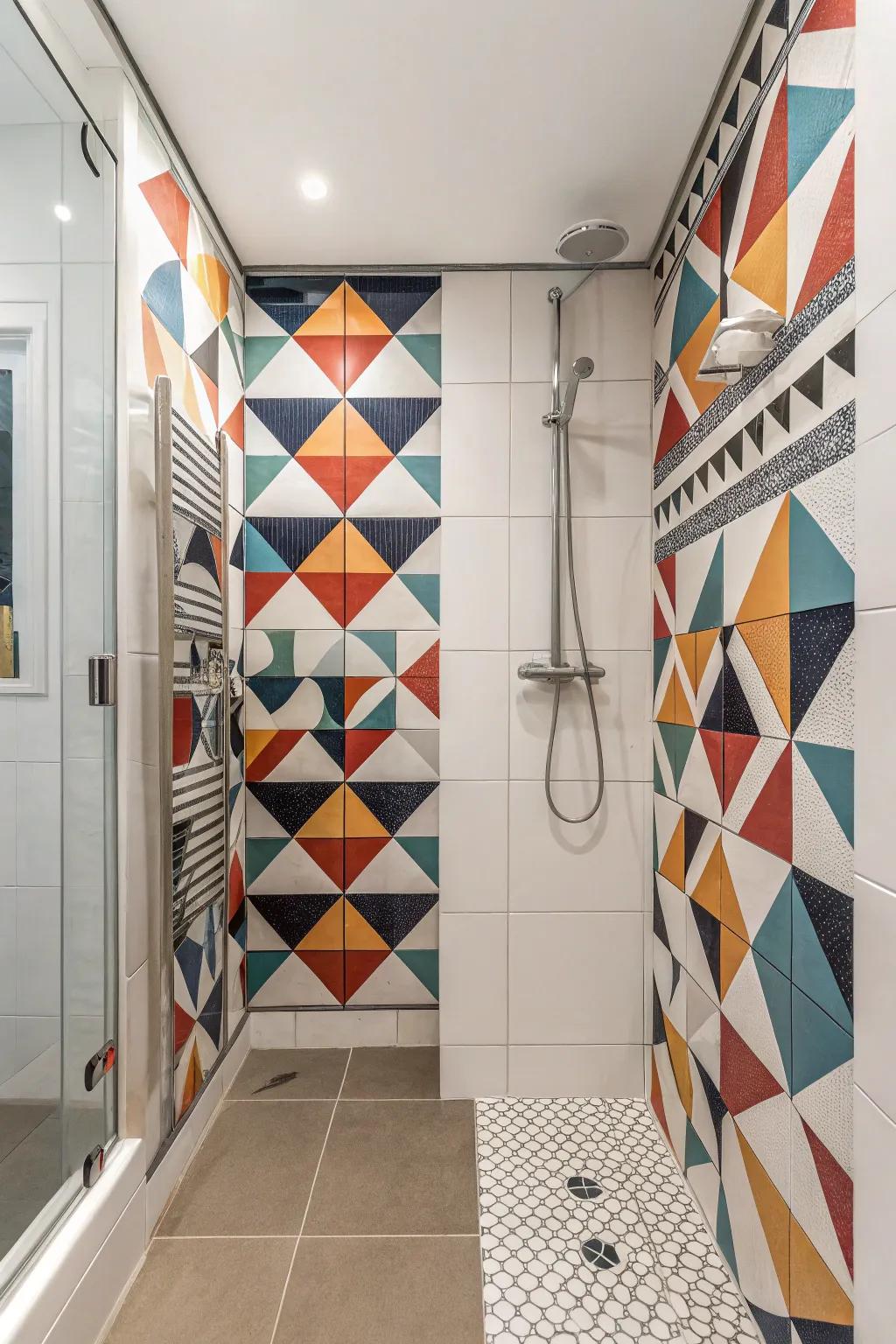 A shower showcases innovative geometric tile arrangements for a bold expression.