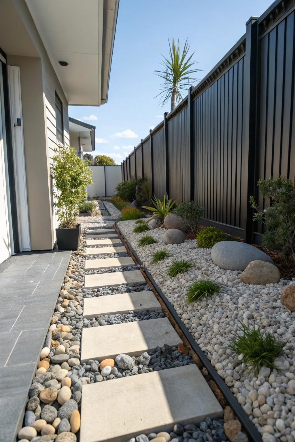 Pebbles and stones introduce organic texture and contrast.