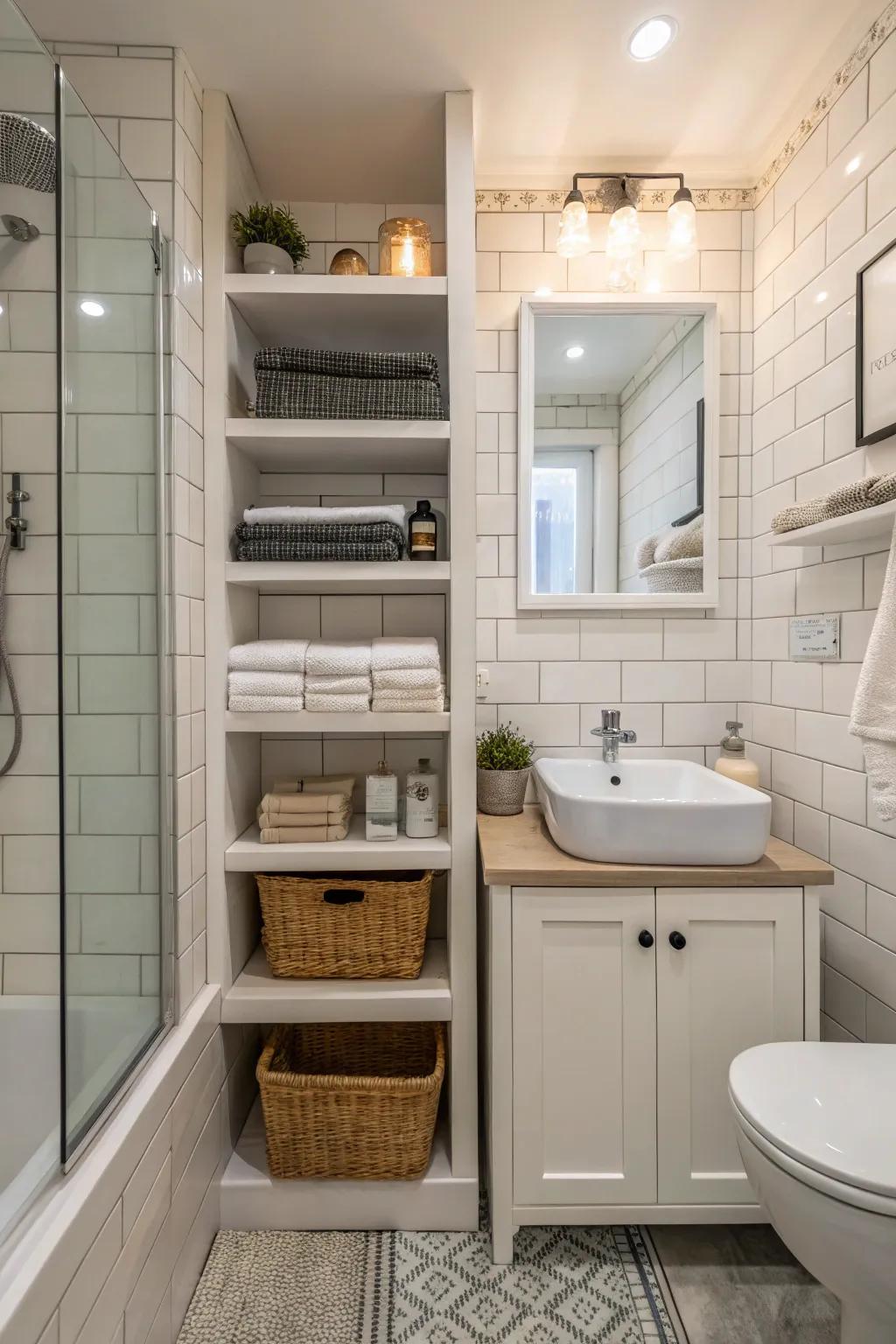 Clever shelving strategies contribute to the sustained organization of this diminutive bathroom.