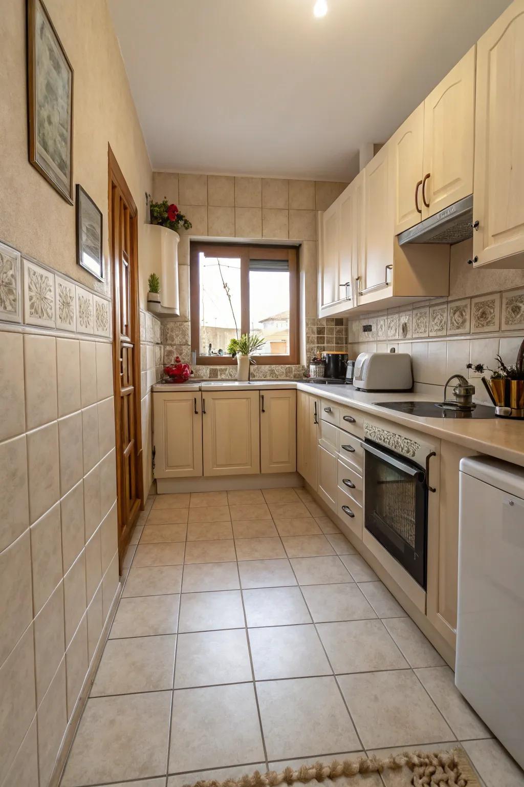 Neutral-toned tiles in a sleek small kitchen