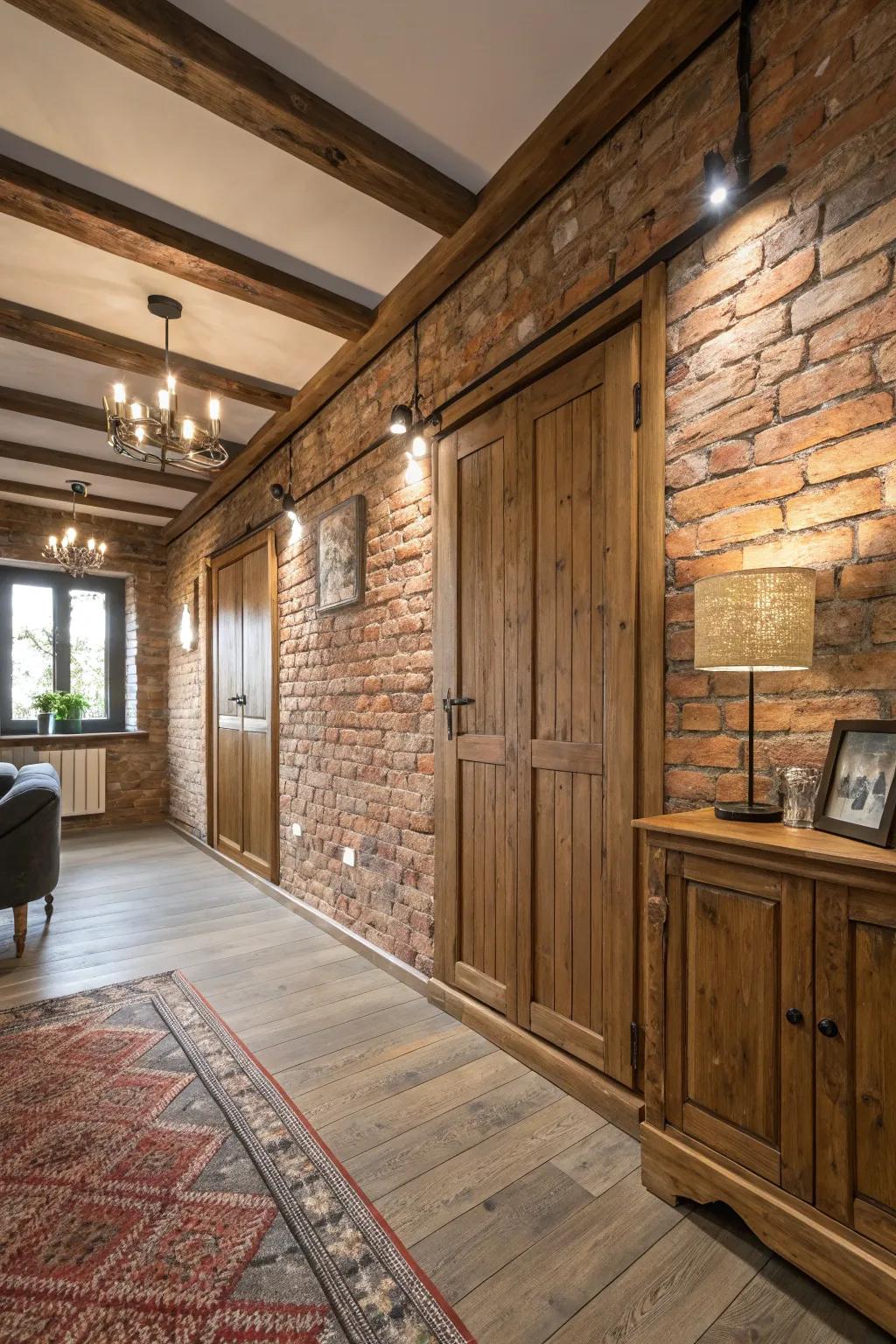 Uncovered brickwork and lumber bestow an industrial-chic aesthetic.