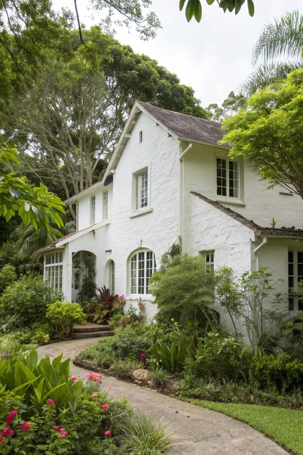 Creamy White stucco house embraced by foliage.