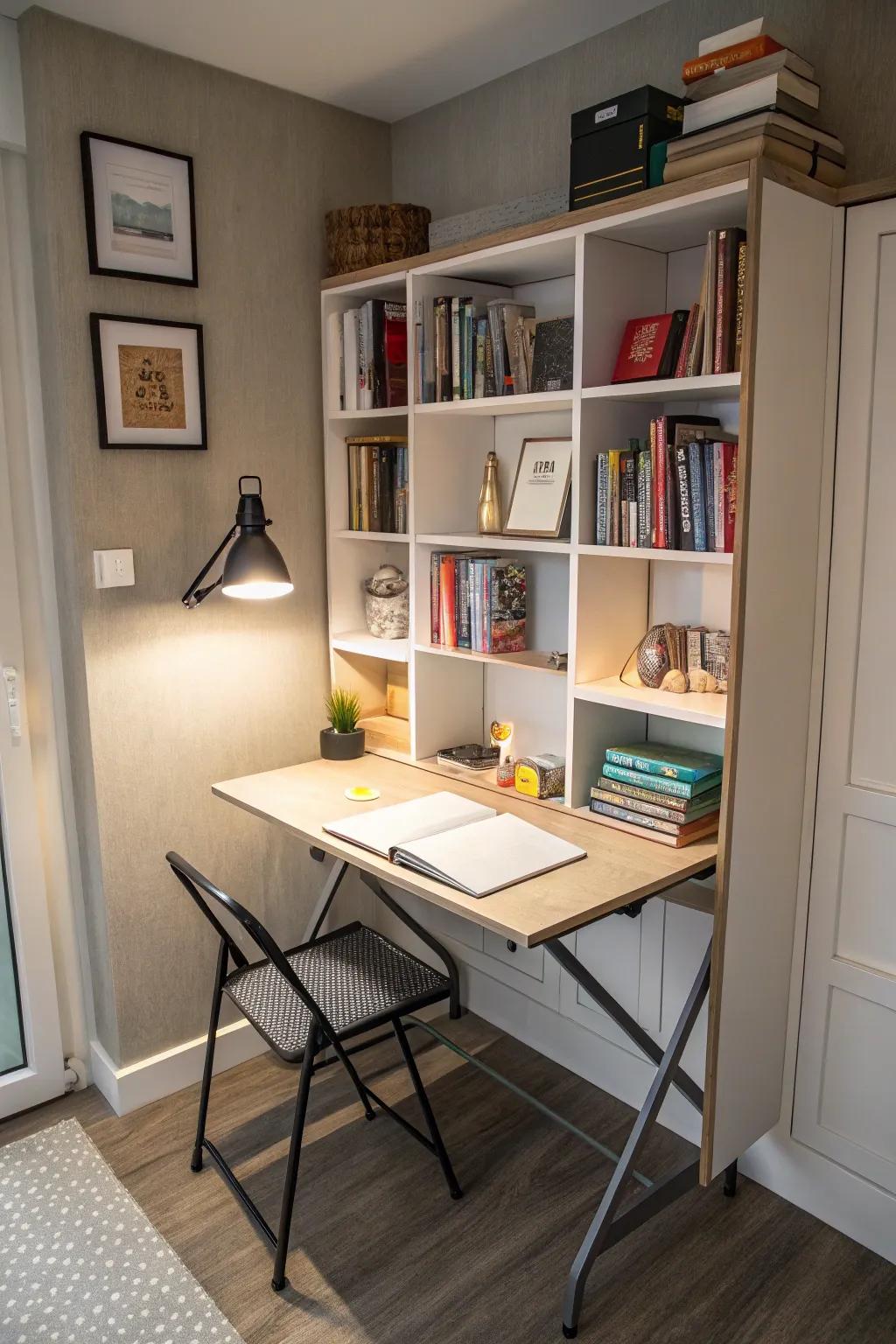 Space-efficient study area with clever storage solutions.