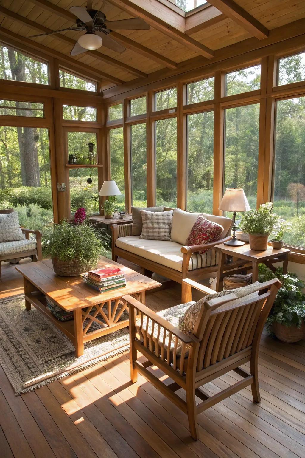 Timber features add warmth and depth to this modern sunroom.