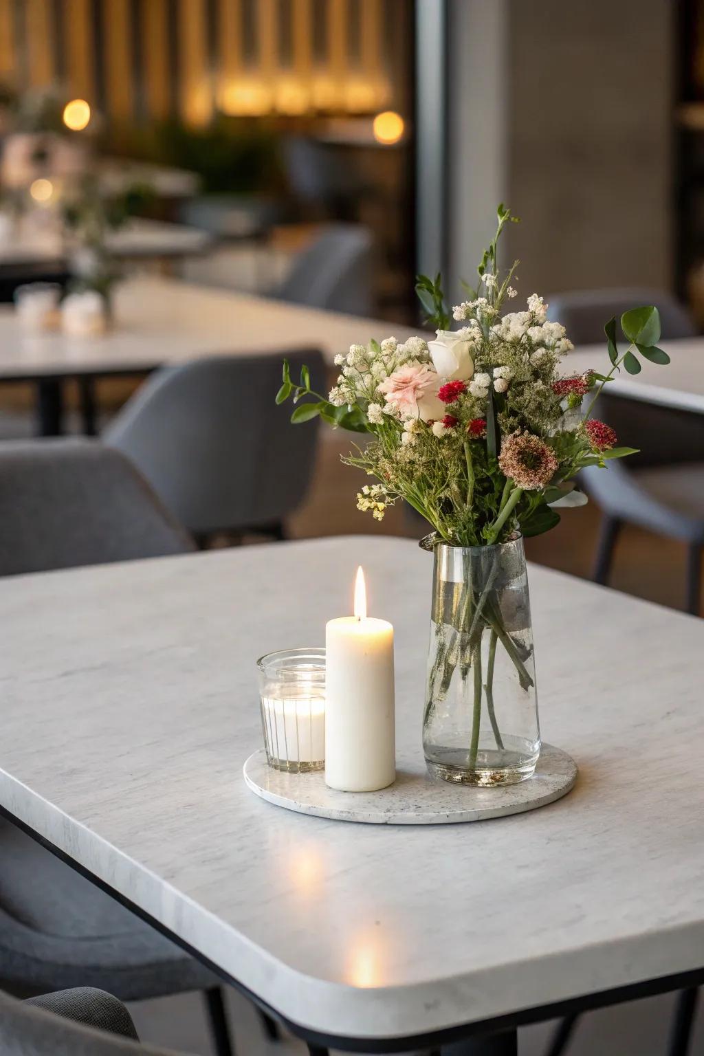 A stylish focal point refines the overall table visual.