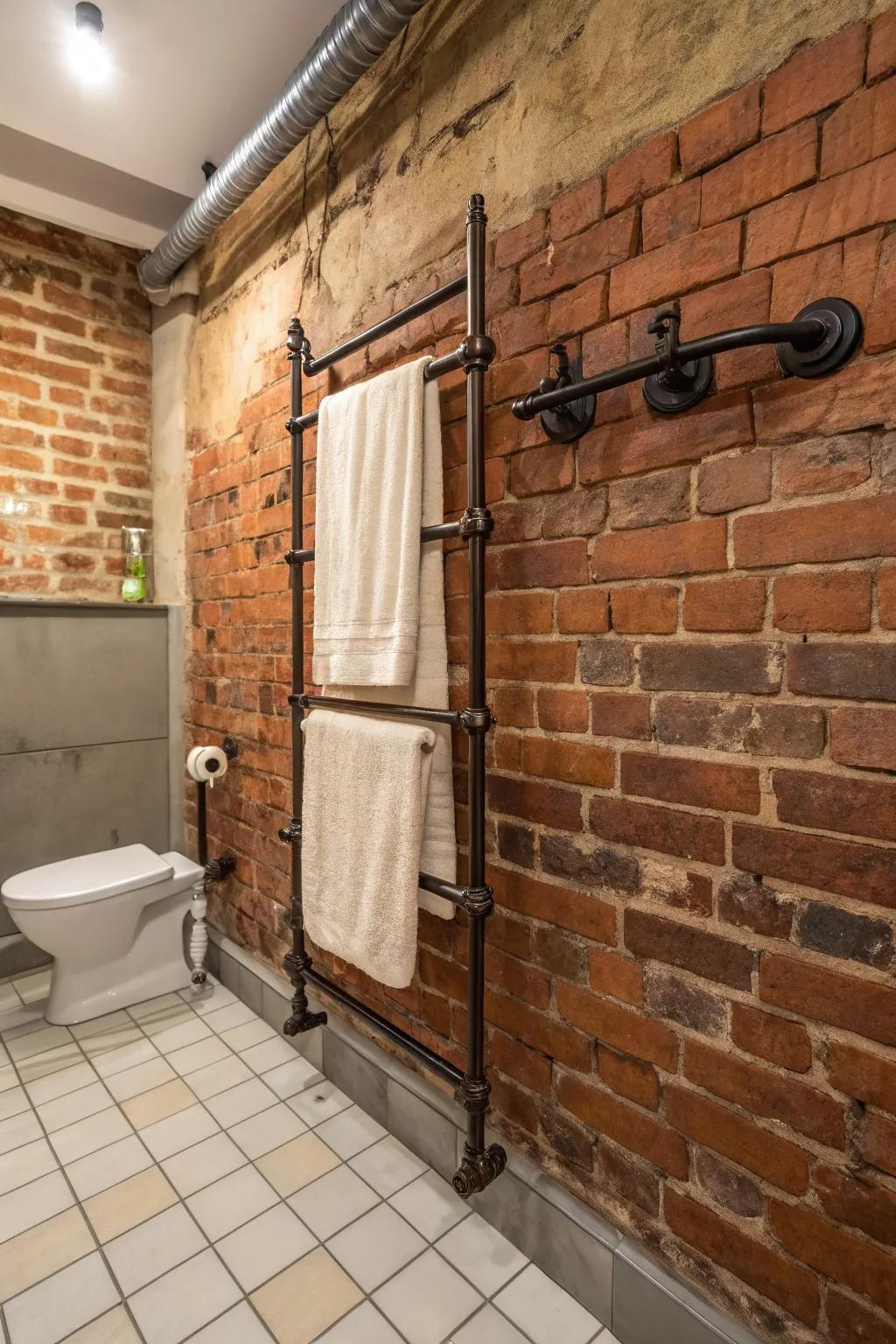 Industrial charm with a vintage pipe towel rack.