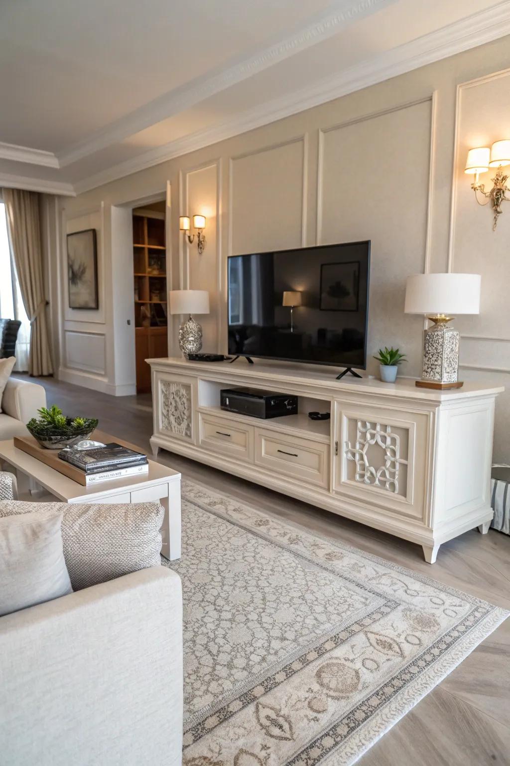 Neutral colored TV stand for a calming space.