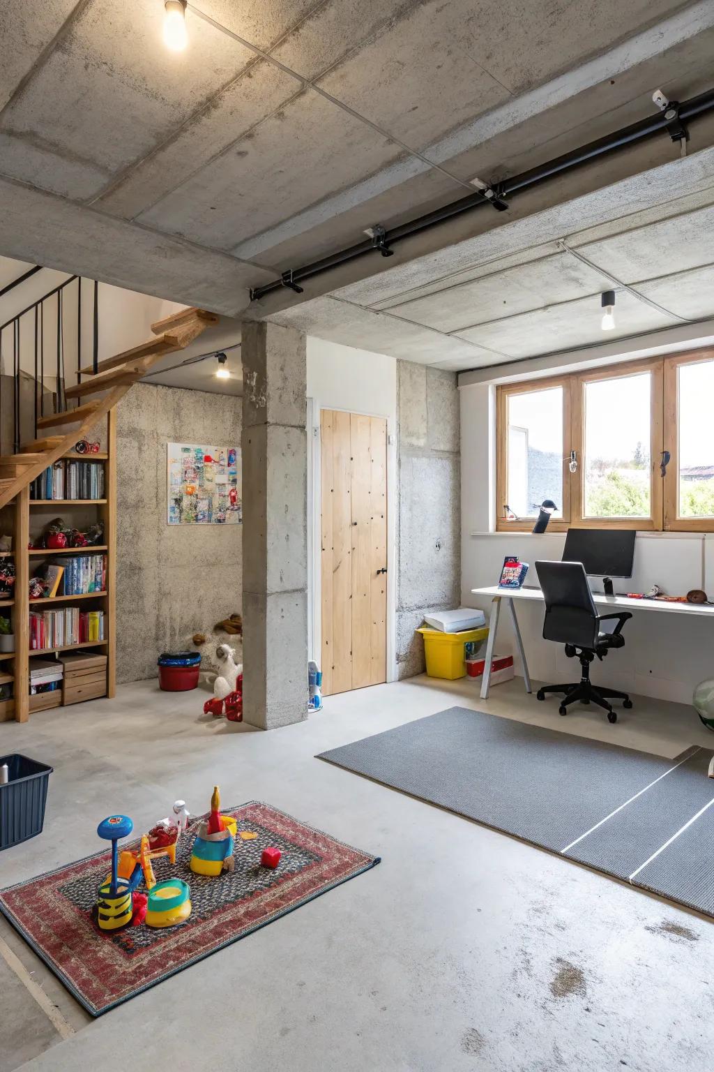 Adaptable spaces maximize the utility of an unfinished basement.