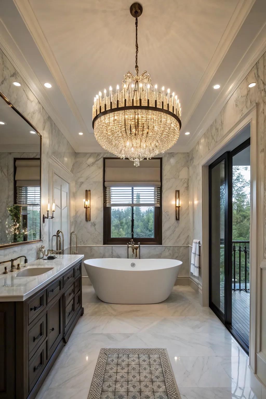 An eye-catching chandelier enhances the appeal of the bathroom.