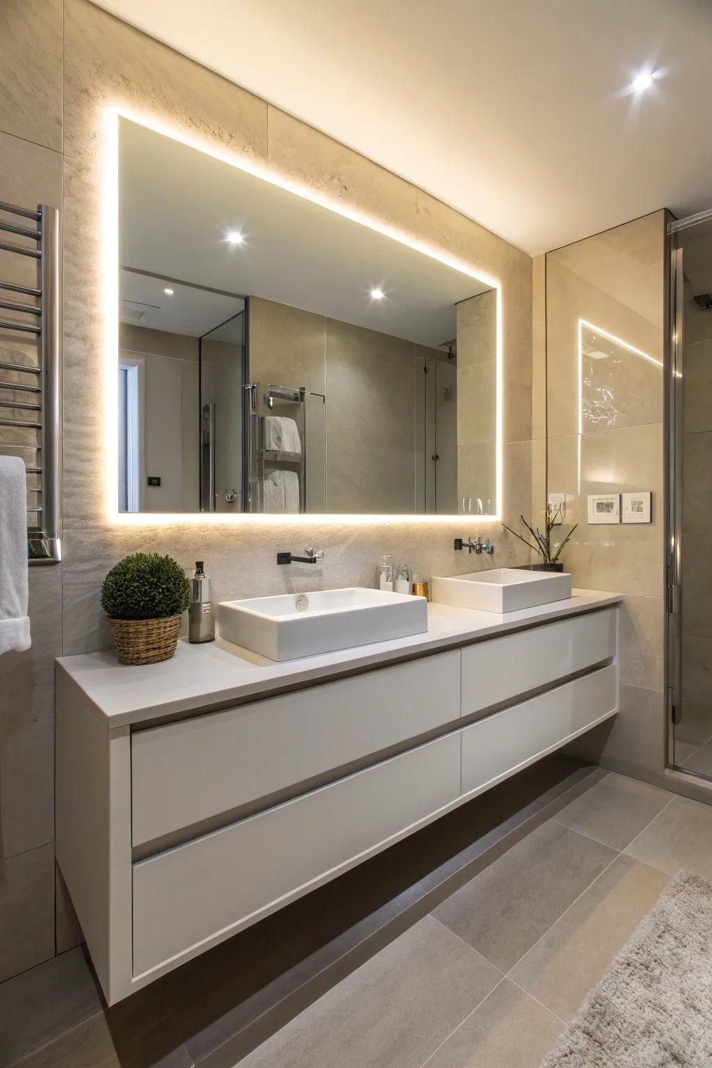 Floating vanities create an airy feel.