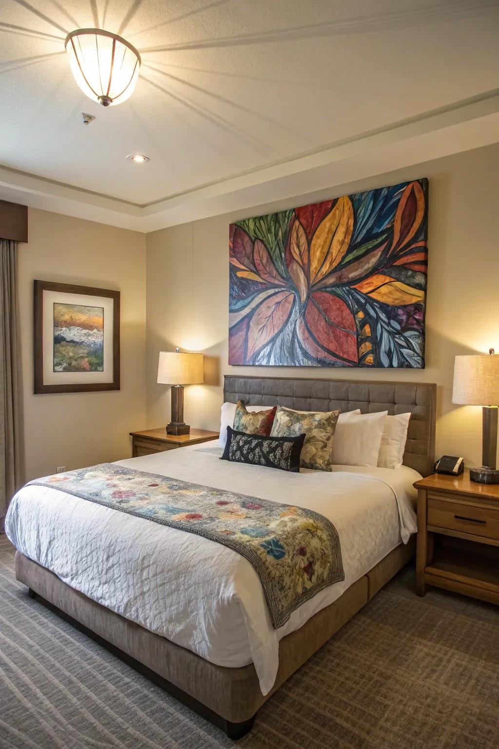 A stylish bedroom featuring a large conceptual art piece positioned above the bed.