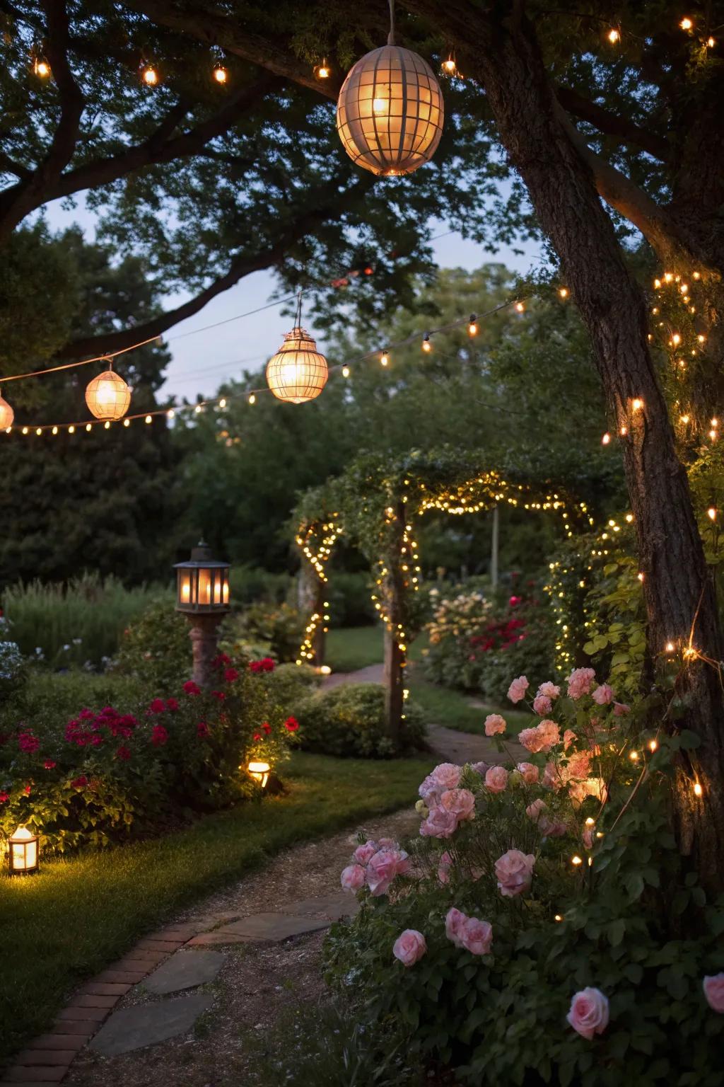 Fairy lights and lanterns create a magical ambiance.