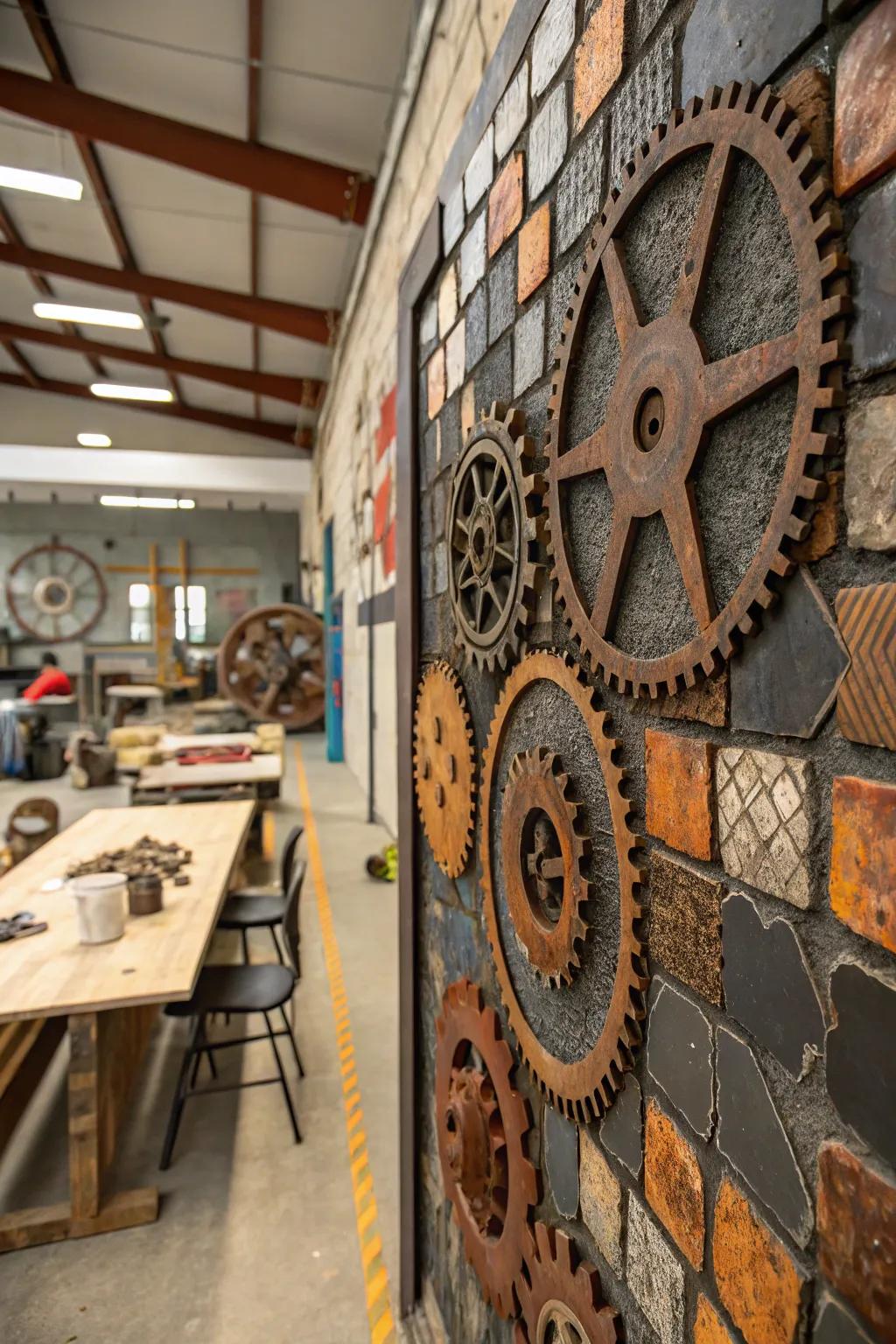 Weathered metal scraps enrich mosaics with industrial charm and identity.