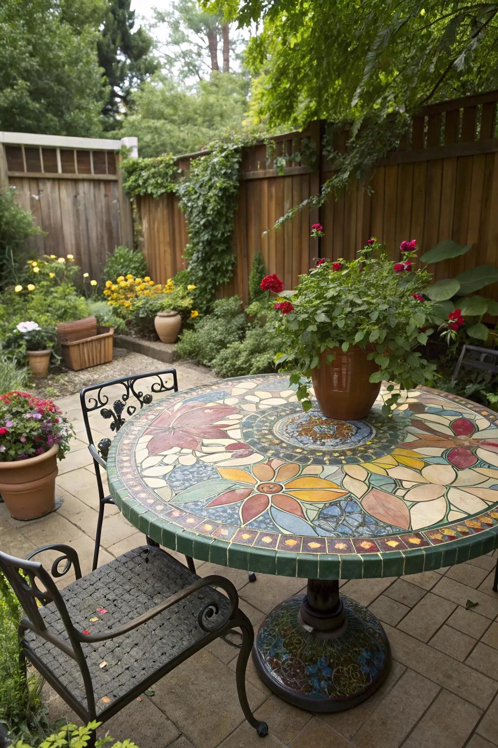 An exterior mosaic table bestows dynamic panache to garden environments.