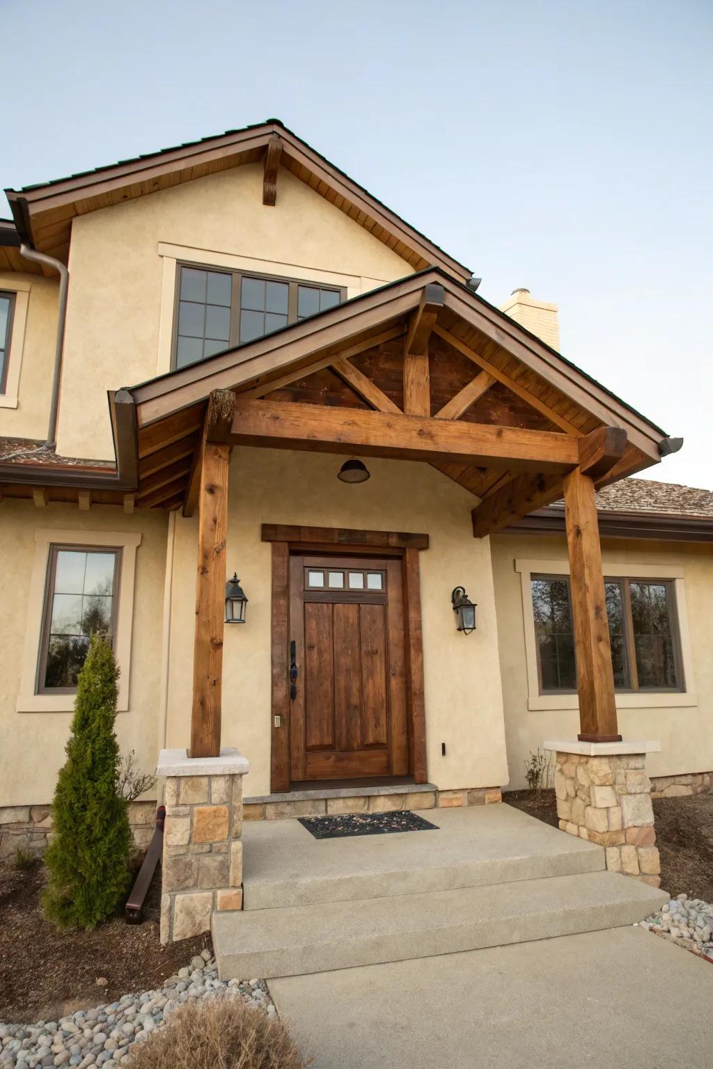 Walnut brown door enriches a beige house with warmth and harmony.
