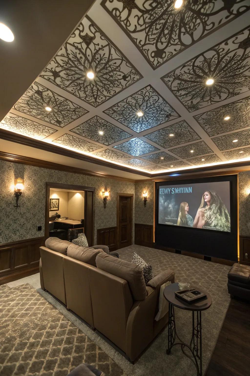 An artistic ceiling introduces flair to your movie space.