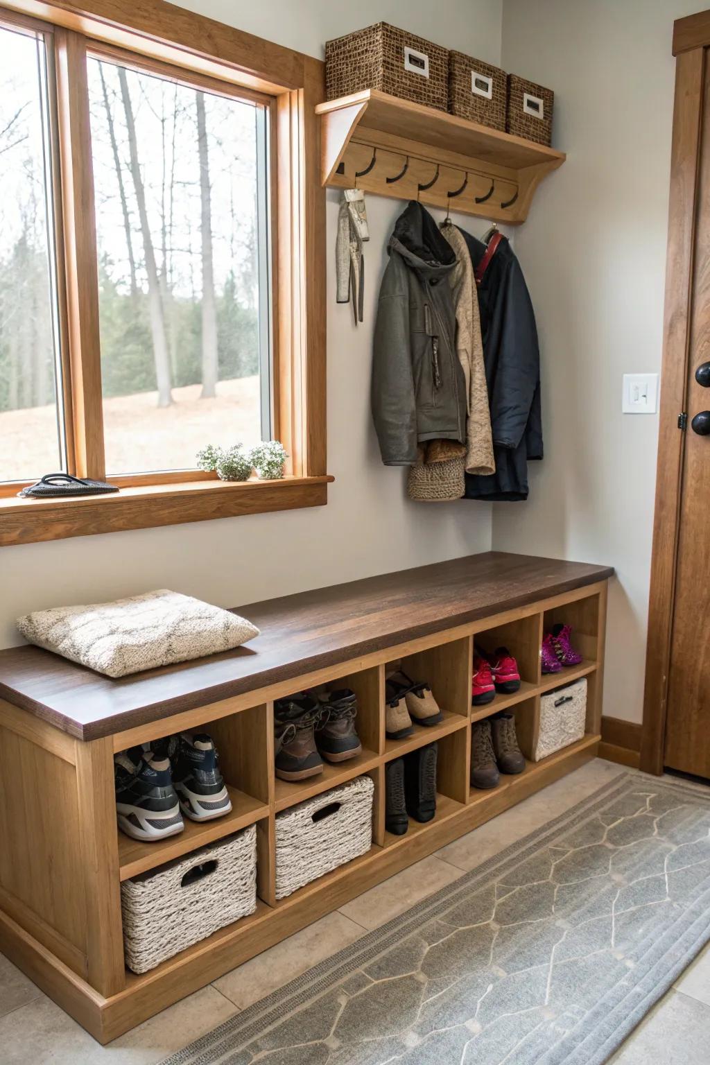 A multi-purpose mudroom seating with seating and concealed storage.