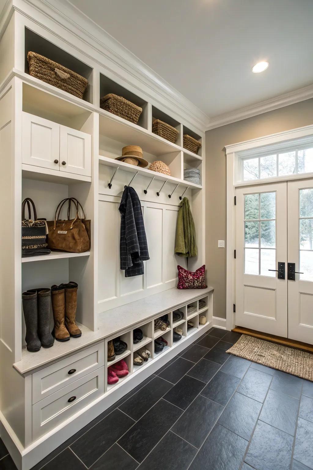 A mudroom with elegant built-in cabinets and movable shelving for flexible storage.