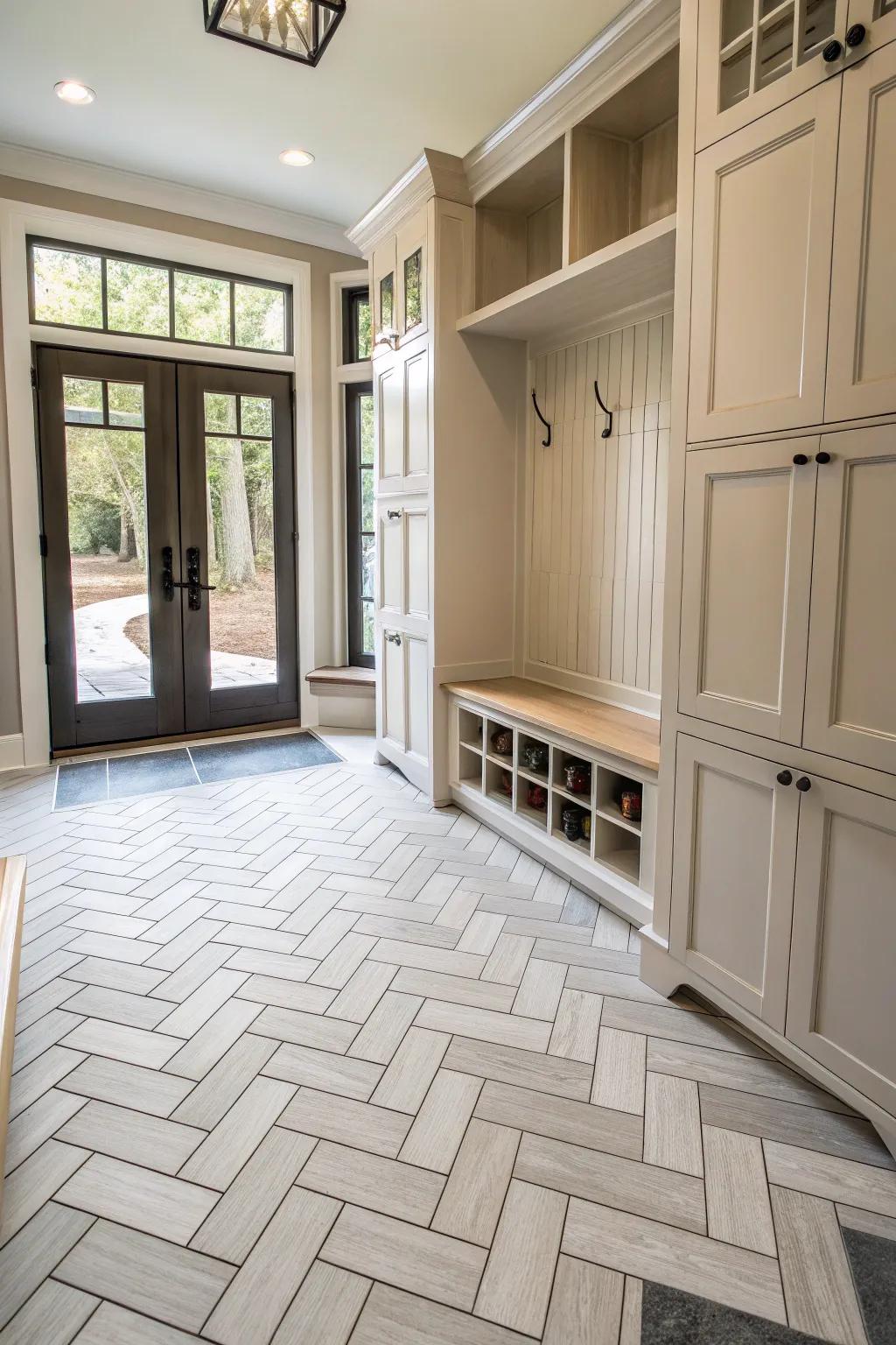 Herringbone patterns bring sophistication to your mudroom.