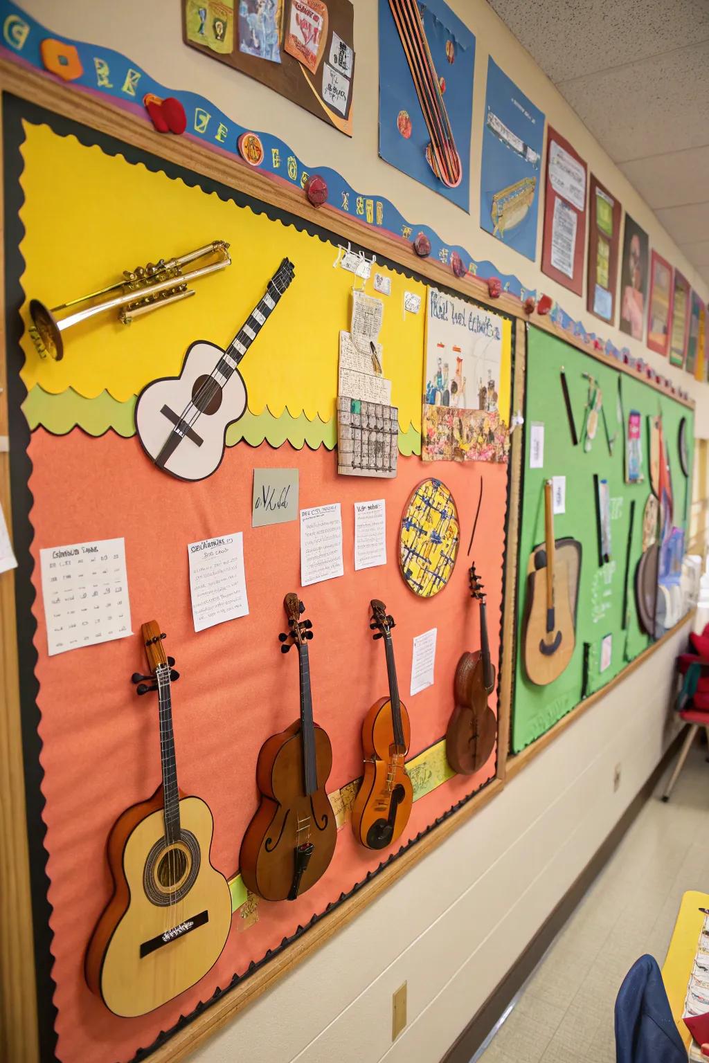 Engaging bulletin board with DIY instrument cutouts.