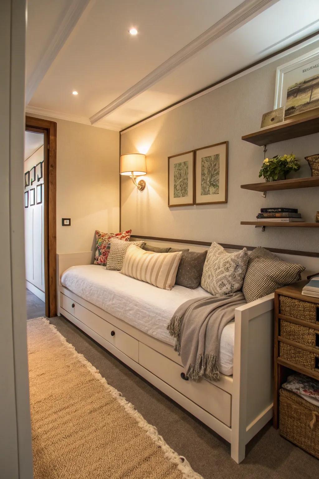 A stylish daybed offers versatile seating and sleeping options in a narrow bedroom.