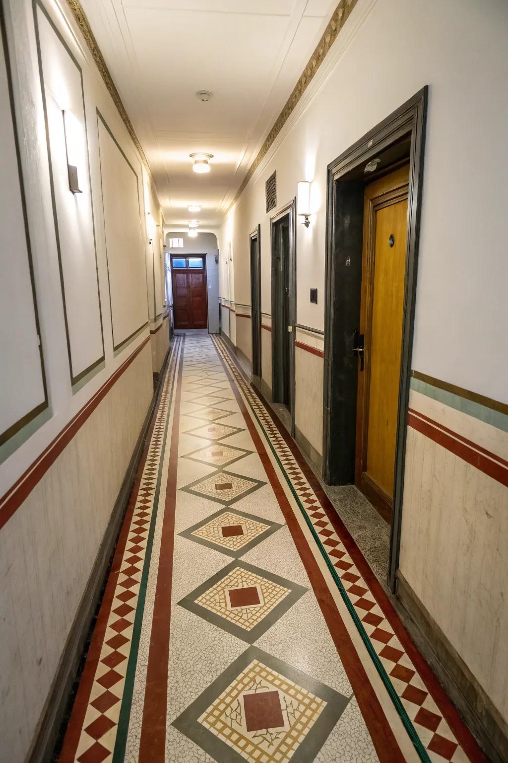 Edge accents can outline and clarify the floor space of a slim hallway.