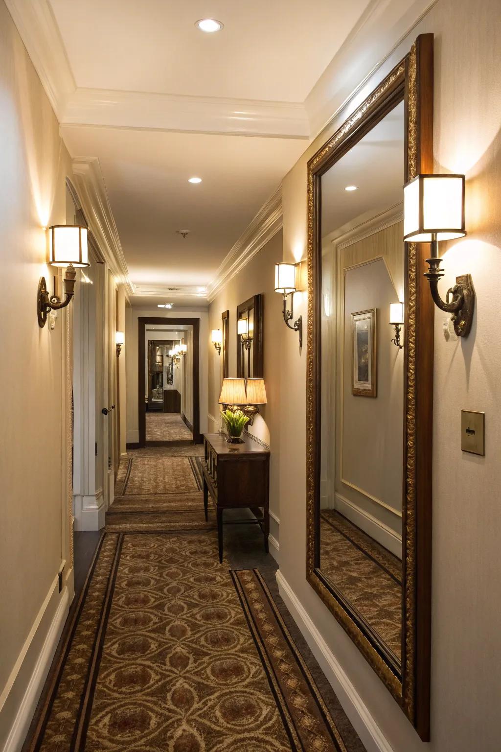 Mirrors enhance light and create a sense of spaciousness in narrow hallways.