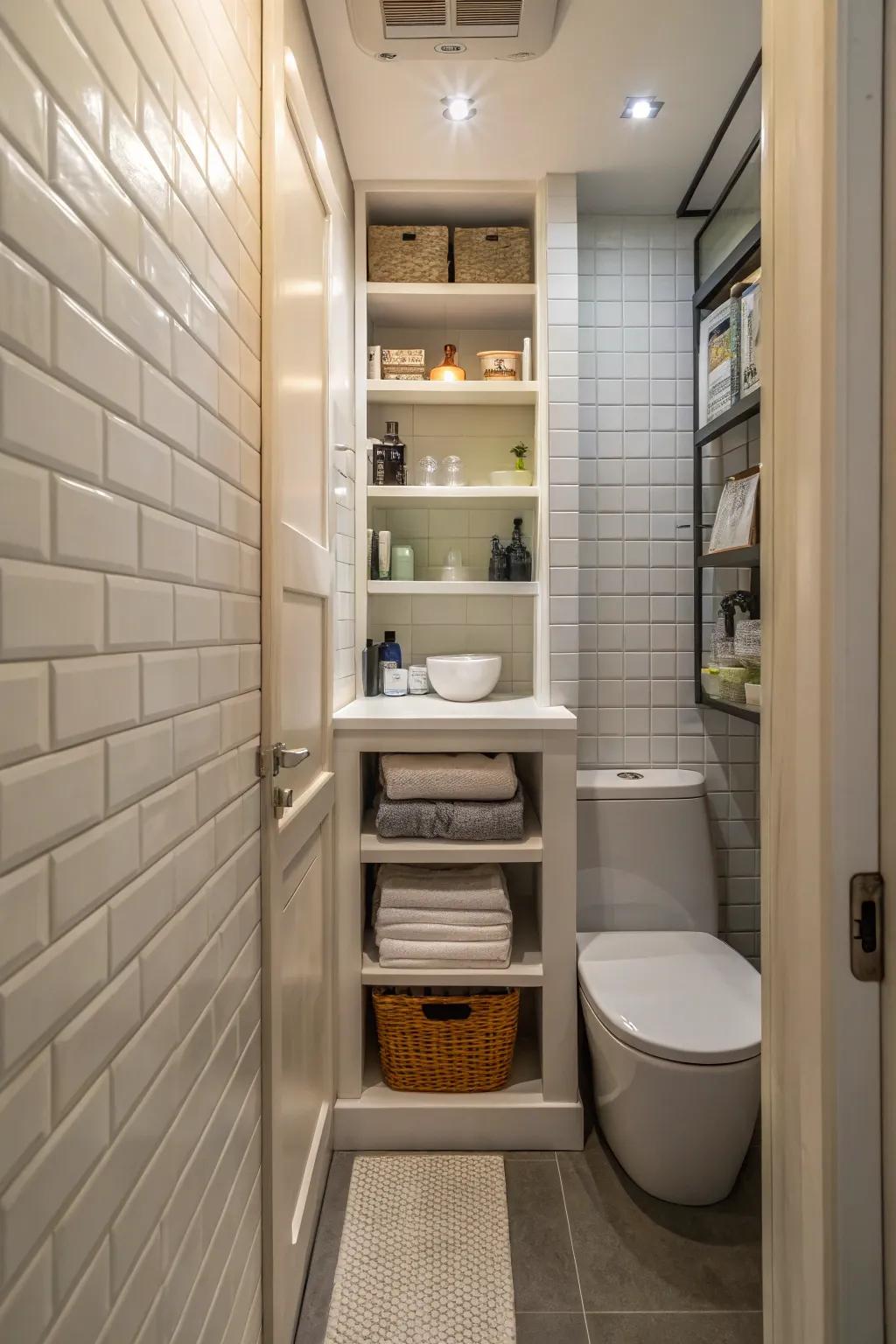 Inset shelving allows storage to blend smoothly in tight bathroom designs.