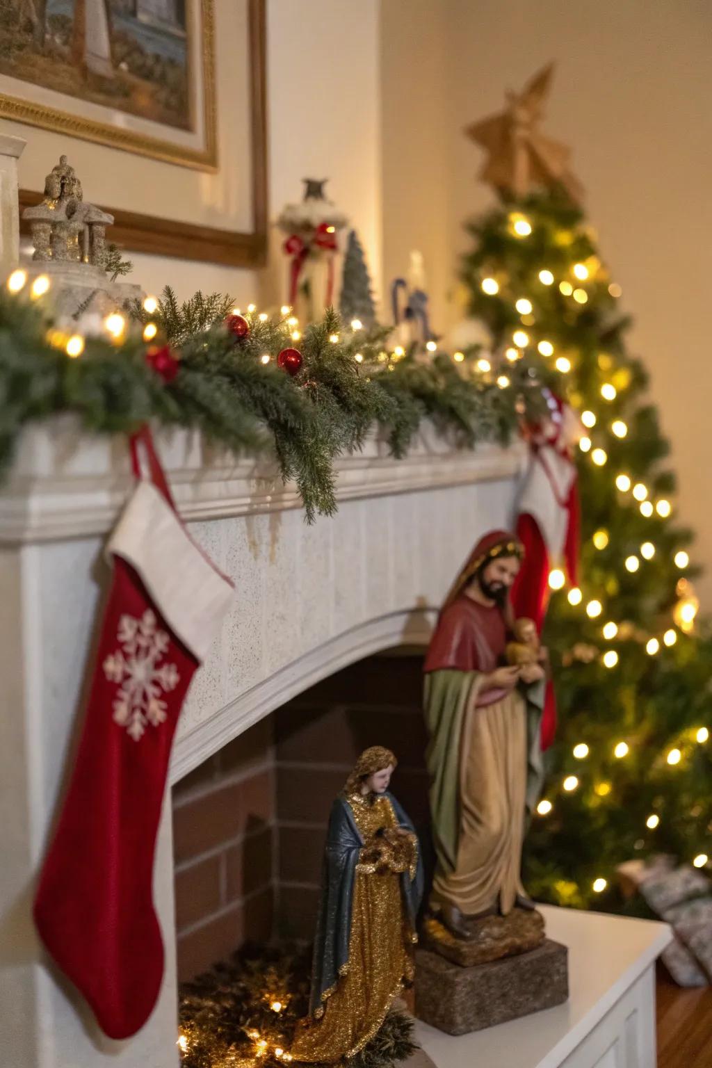 A nativity scene elegantly showcased on a festive fireplace.
