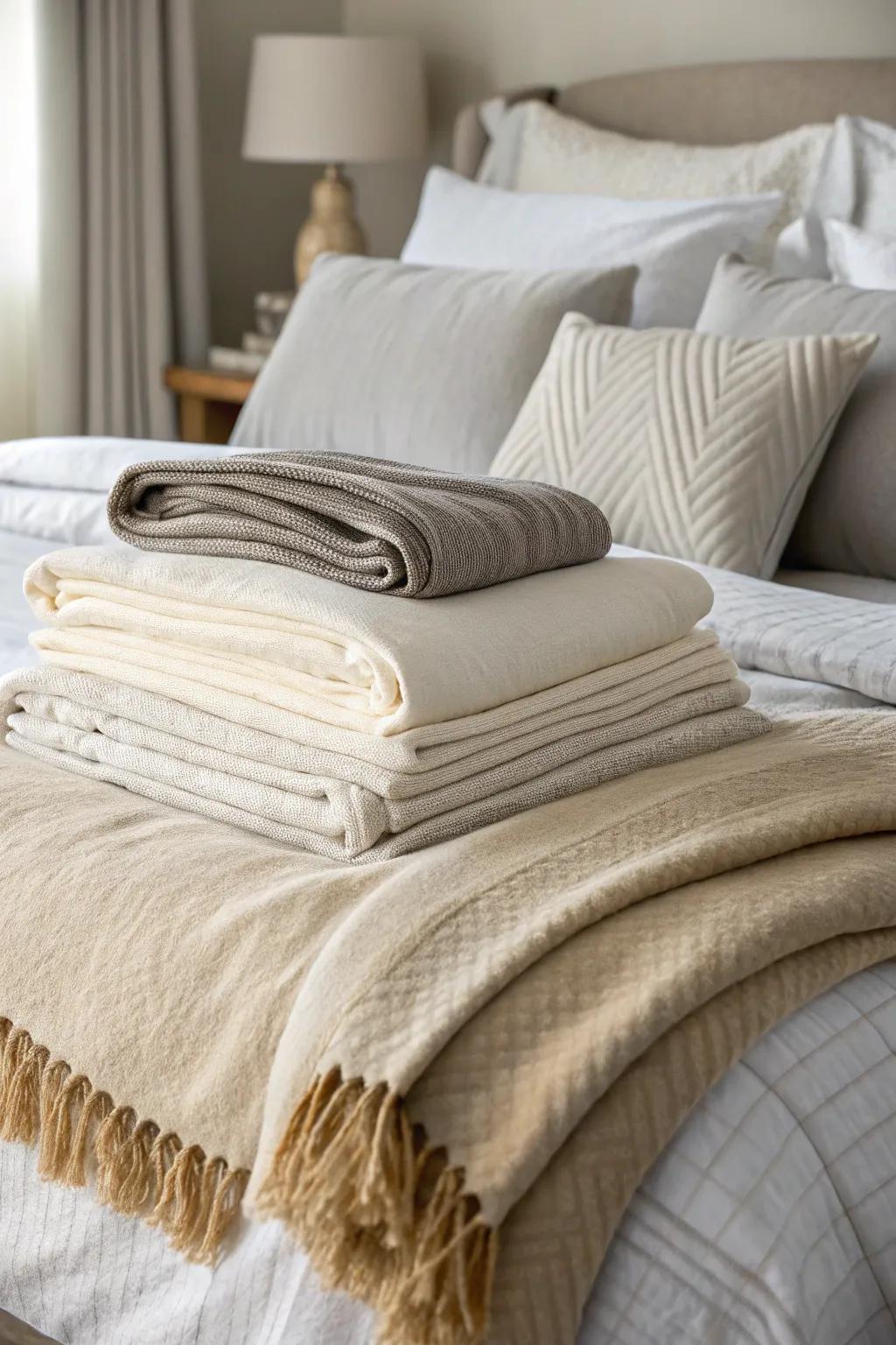 Soft fabrics fashion a snug and inviting bed.