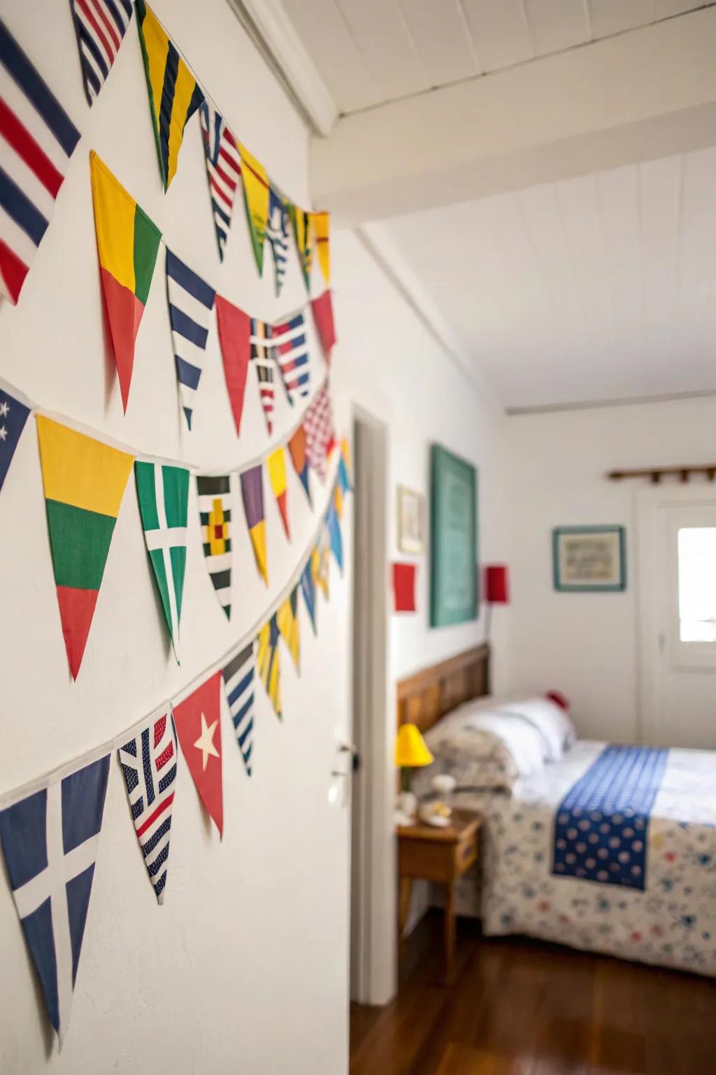 Nautical flags provide a colorful and playful touch.