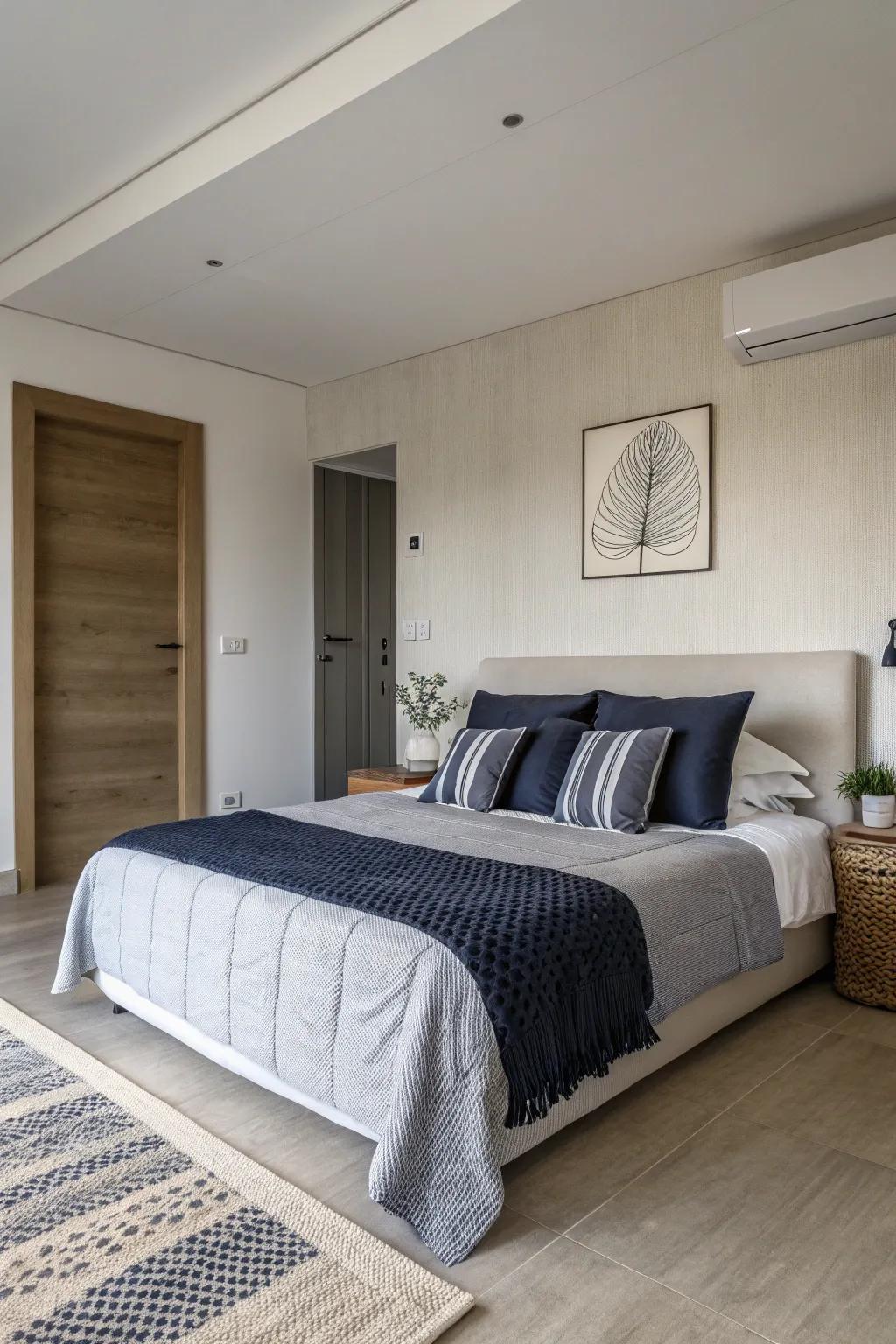 Embrace minimalism with navy and grey for a calming atmosphere.
