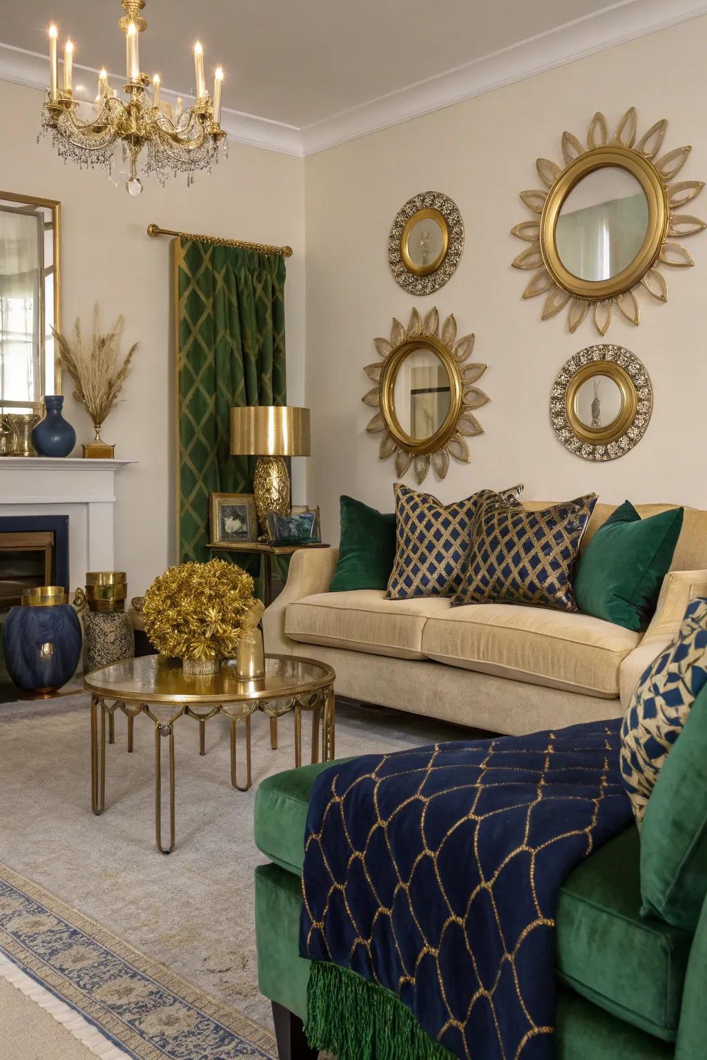 Gilded embellishments contribute a lavish touch to the living room d&eacute;cor.