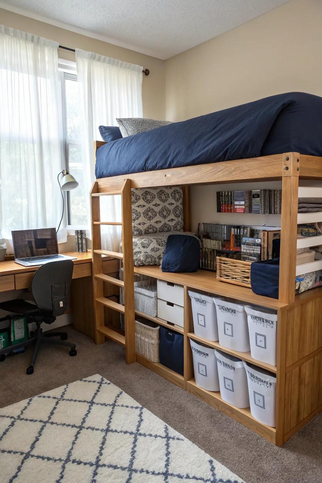 Optimize area with useful furniture that matches navy decor.