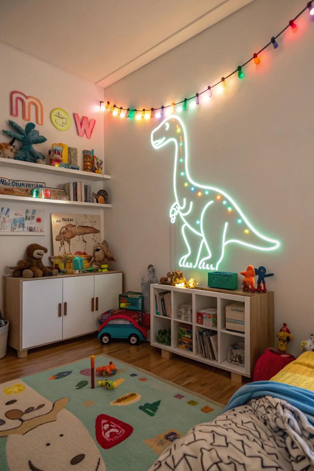 A neon dinosaur design introduces fun and whimsy to a child's room.