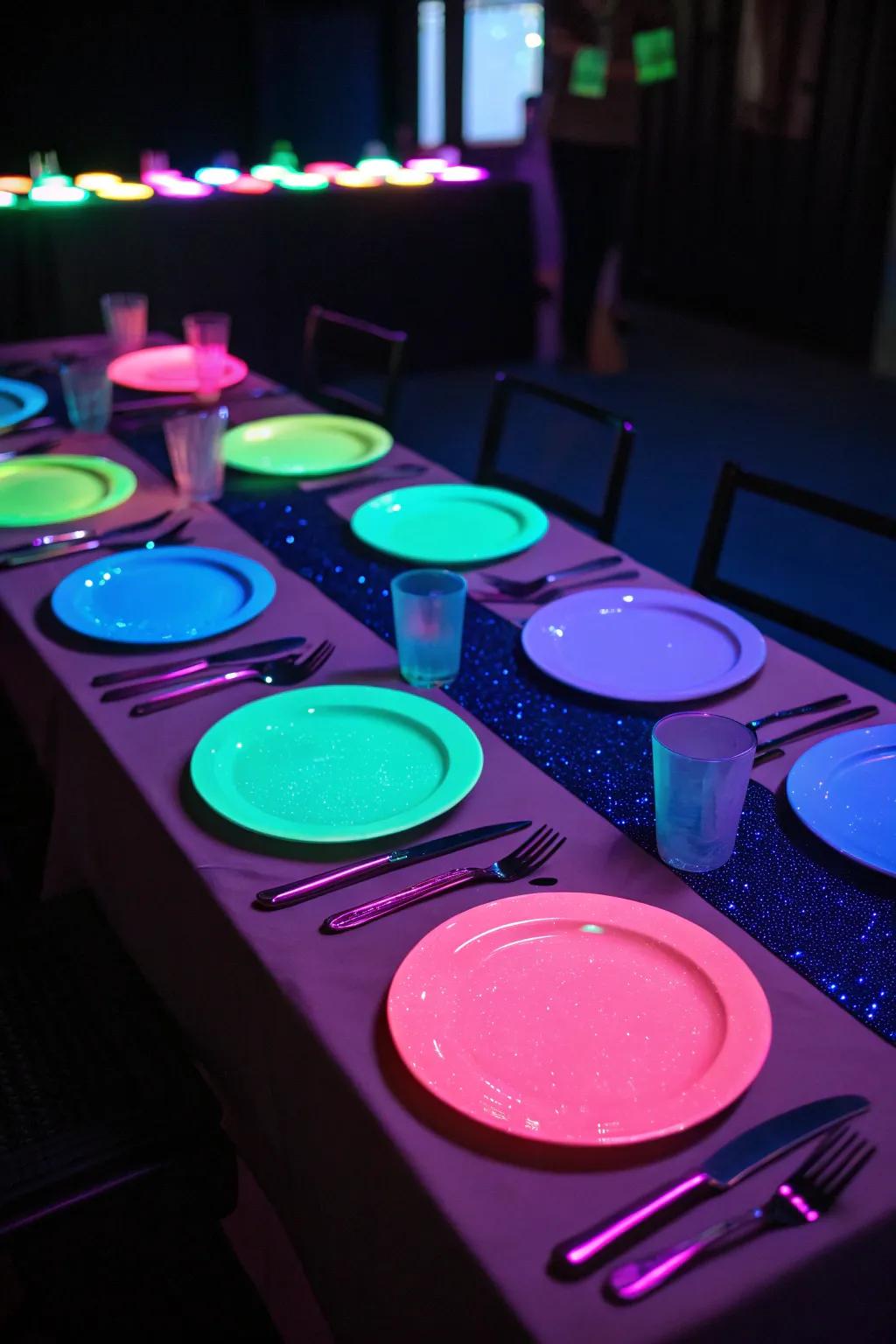 Neon-shaded table arrangements glowing under a blacklight, designing an eye-catching dining experience.