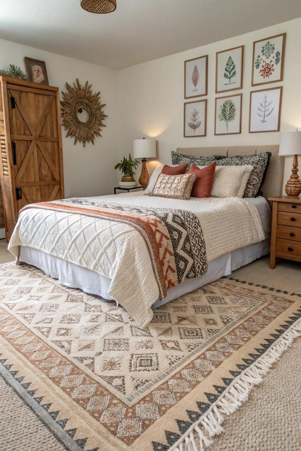 Layering rugs over neutral carpets adds style and comfort.