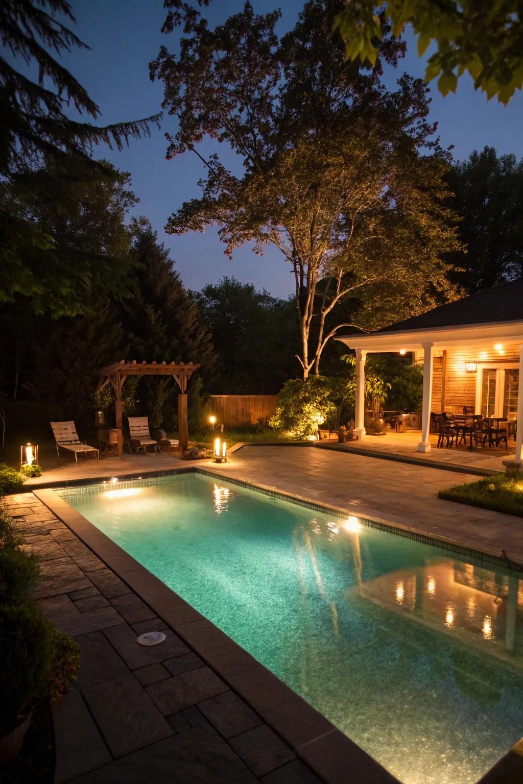 A beautifully illuminated pool that twinkles at night, perfect for evening gatherings.