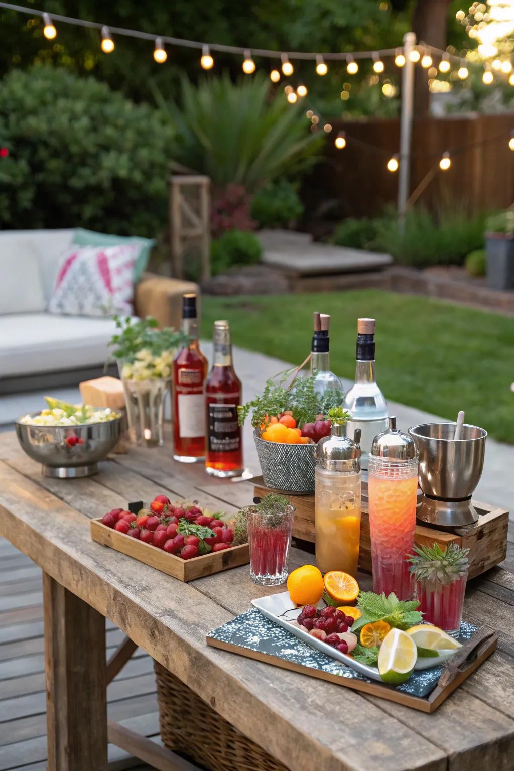 A DIY cocktail bar encourages guests to craft their own concoctions.