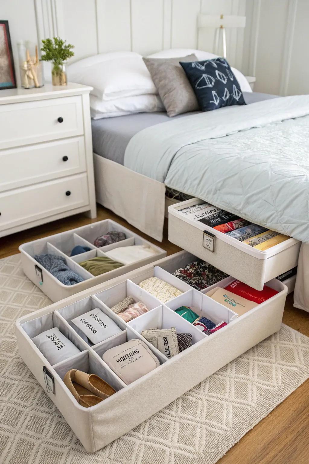 Under-bed storage maintains accessibility while remaining hidden.